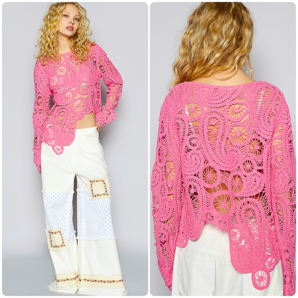 🆕 POL - Bubblgum Pink Crochet Top - OS Fits S M L - 100% COTTON